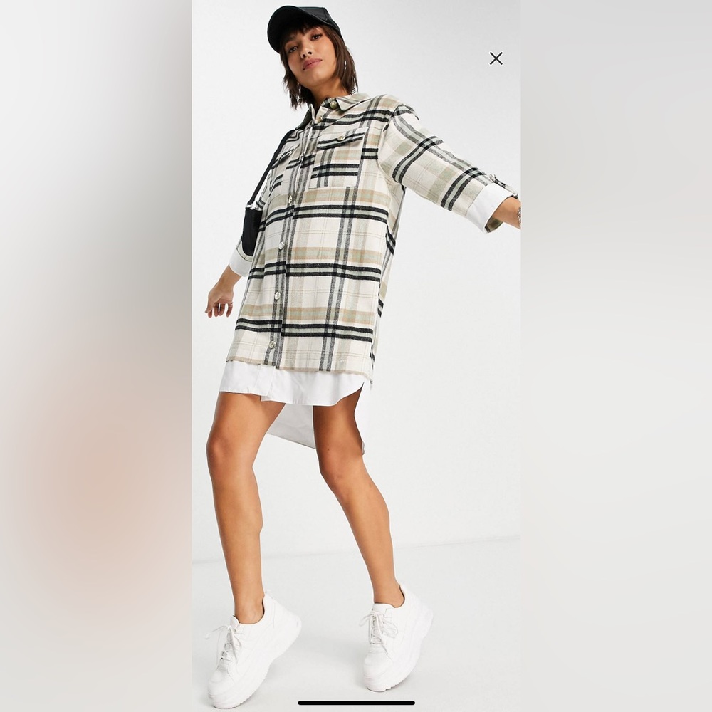 NWT River island long sleeve checked hybrid shirt dress in beige size 4